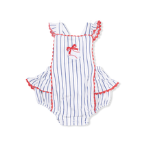 Load image into Gallery viewer, Baseball Stripe Ric Rac Ruffle Sunsuit

