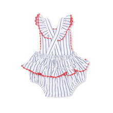 Load image into Gallery viewer, Baseball Stripe Ric Rac Ruffle Sunsuit
