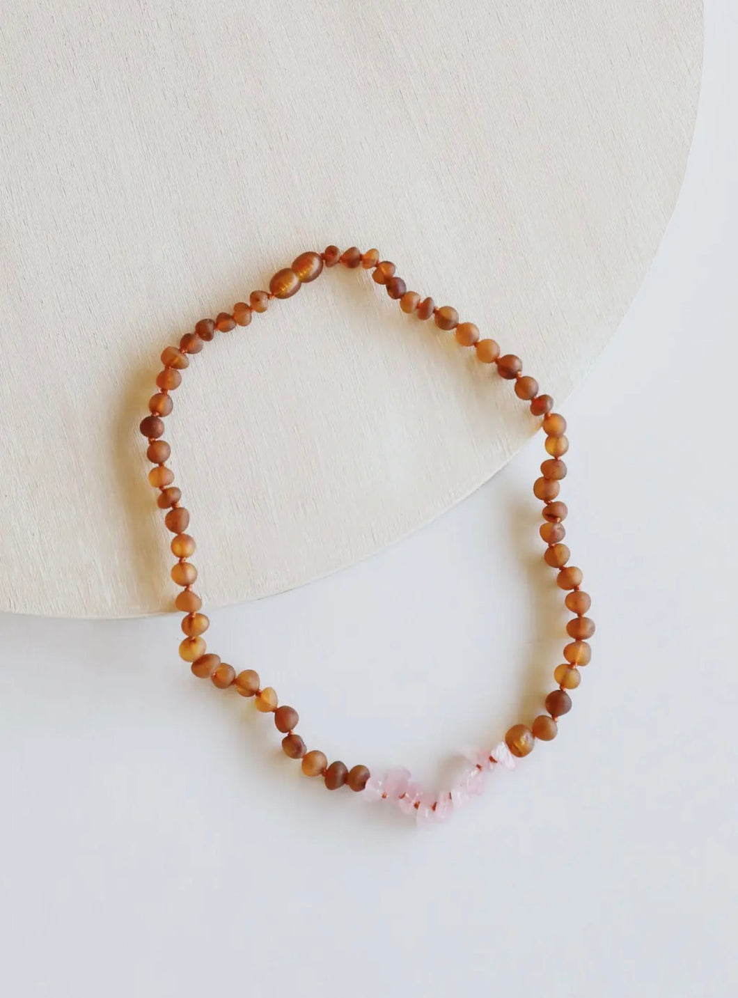 Raw Cognac Baltic Amber + Raw Rose Quartz Baby Necklace