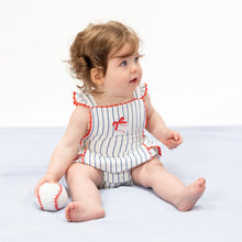 Load image into Gallery viewer, Baseball Stripe Ric Rac Ruffle Sunsuit
