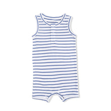 Load image into Gallery viewer, Henley Shortie Romper | Navy Stripe
