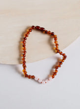 Load image into Gallery viewer, Polished Cognac Baltic Amber + Rose Quartz Baby Necklace

