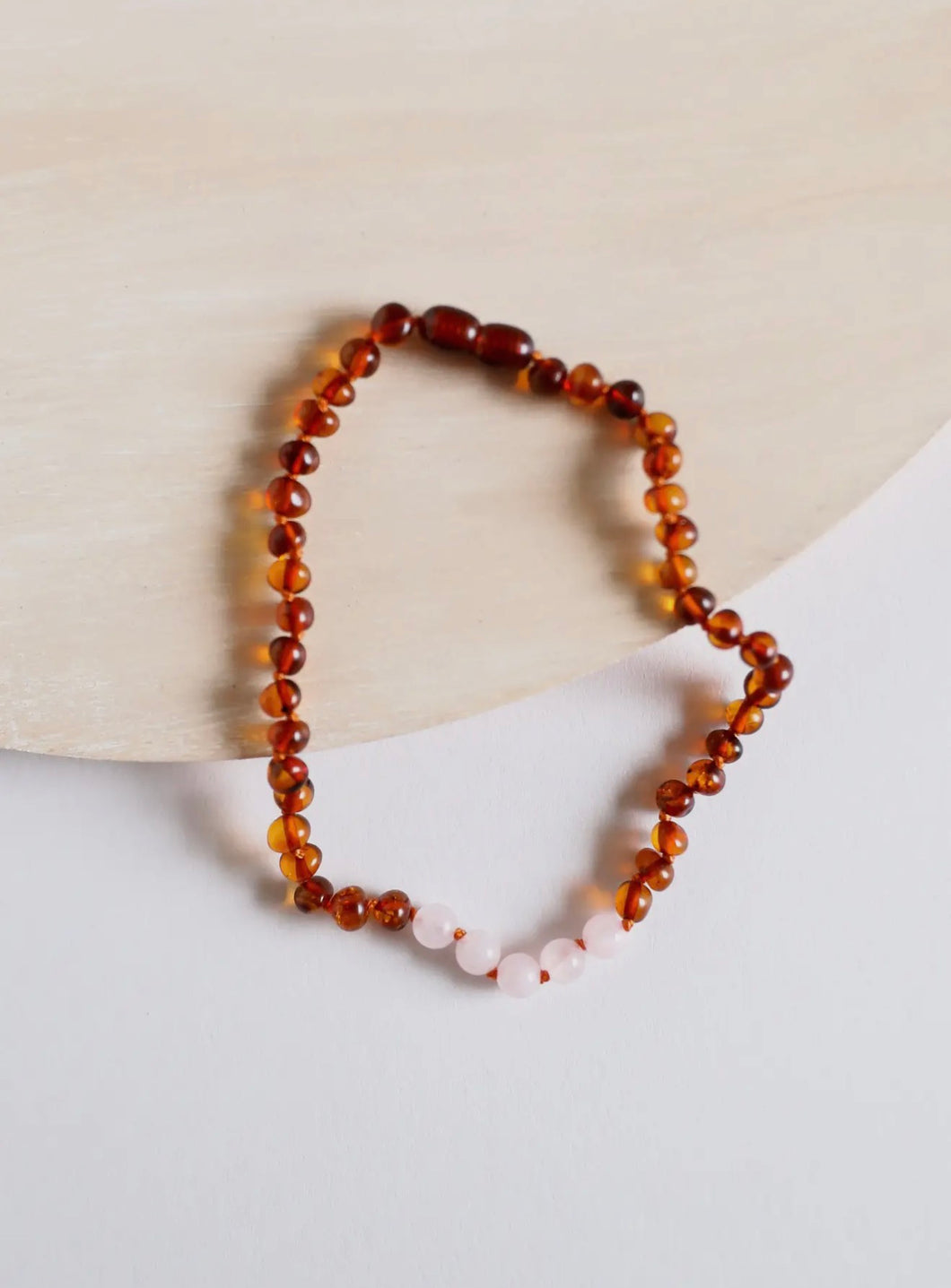 Polished Cognac Baltic Amber + Rose Quartz Baby Necklace