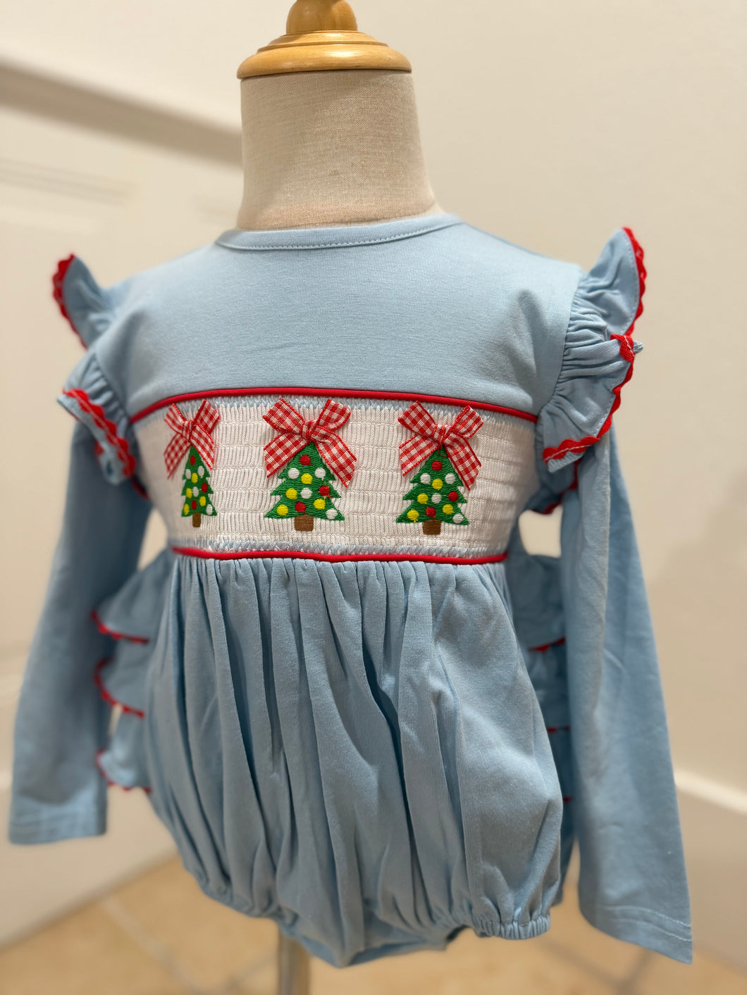 Christmas Tree Smocked Bubble | Light Blue