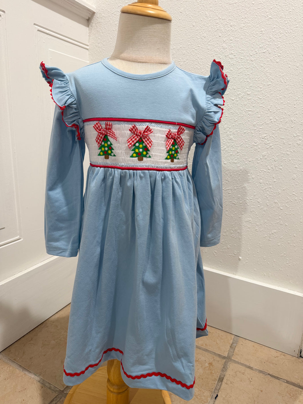 Christmas Tree Smocked Dress | Light Blue