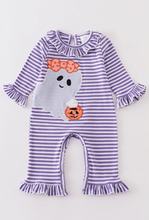 Load image into Gallery viewer, Ghost &amp; Pumkpin Ruffle Romper, Purple
