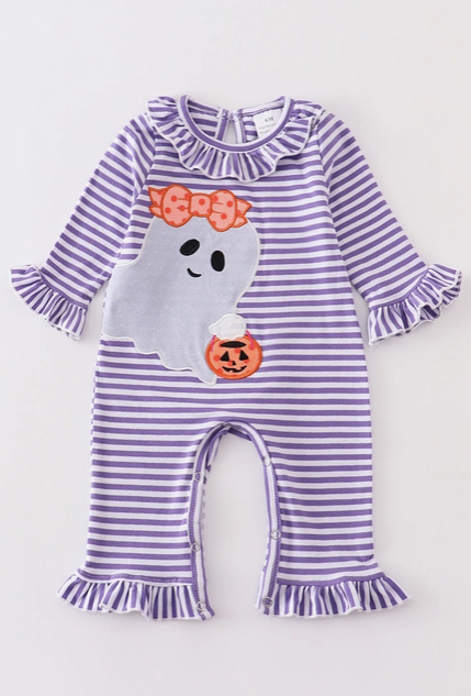 Ghost & Pumkpin Ruffle Romper, Purple