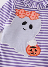 Load image into Gallery viewer, Ghost &amp; Pumkpin Ruffle Romper, Purple
