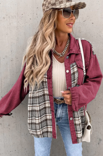 Patchwork Denim Jacket, Burgandy