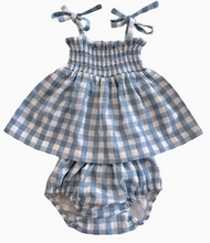 Load image into Gallery viewer, Blue Gingham Smocked Set
