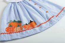 Load image into Gallery viewer, Blue Seersucker Pumpkin Dress
