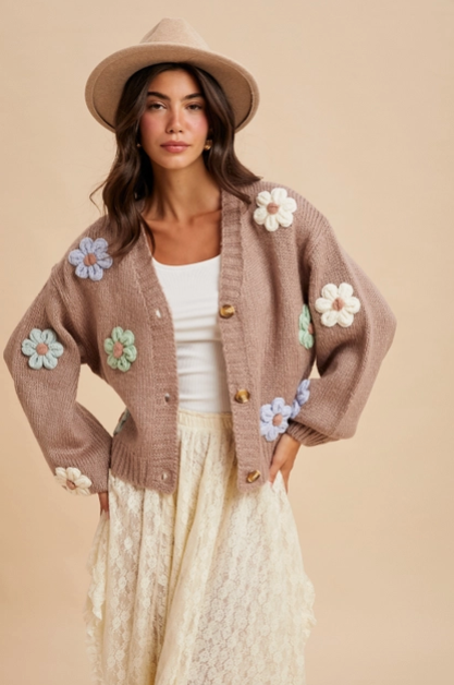 Darling 3D Floral Cardigan | Mocha – Little Posie Boutique