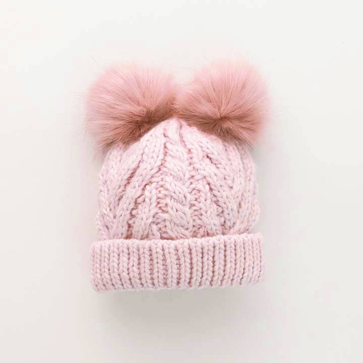 Knit Double Pom Hat, Blush Pink